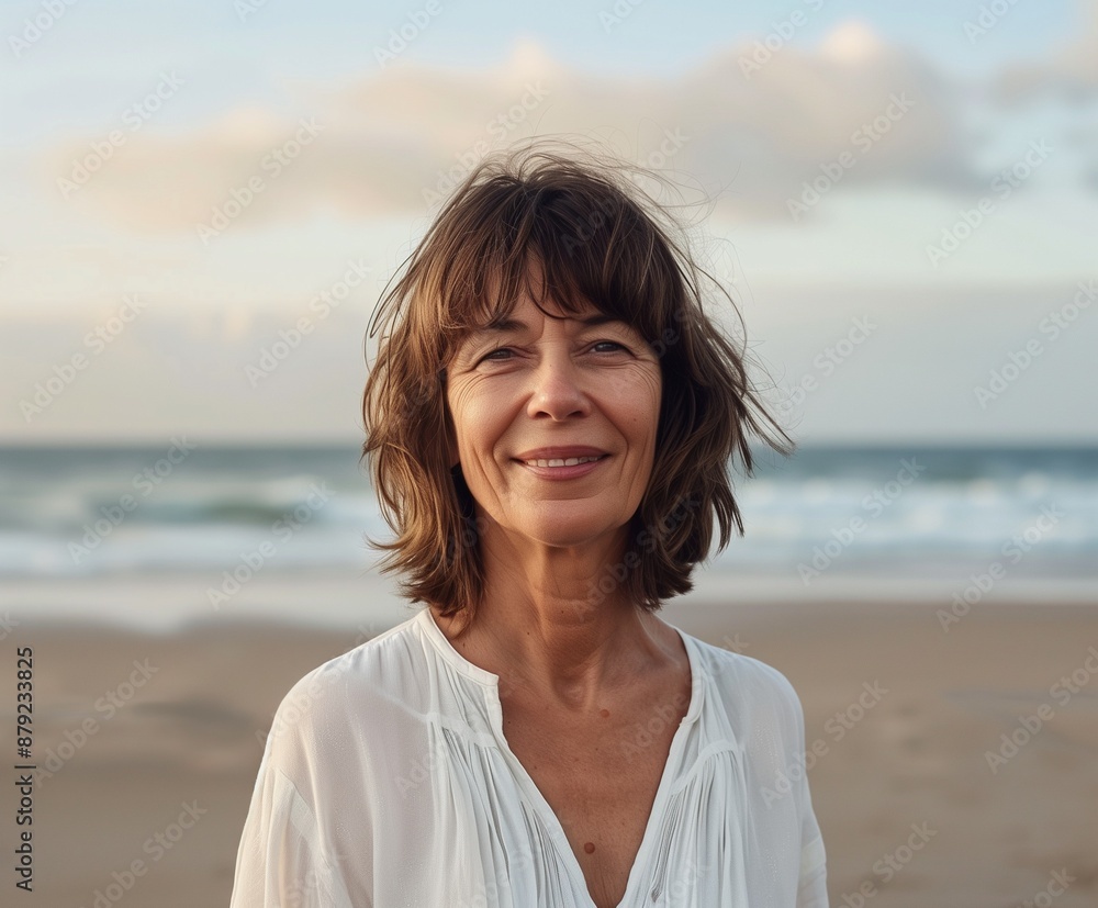 A portrait of an attractive, smiling middle-aged woman with brown hair standing on the beach in front of the ocean at sunrise. A portrait of an attractive, smiling middle-aged woman with brown hair standing on the beach in front of the ocean at sunrise.