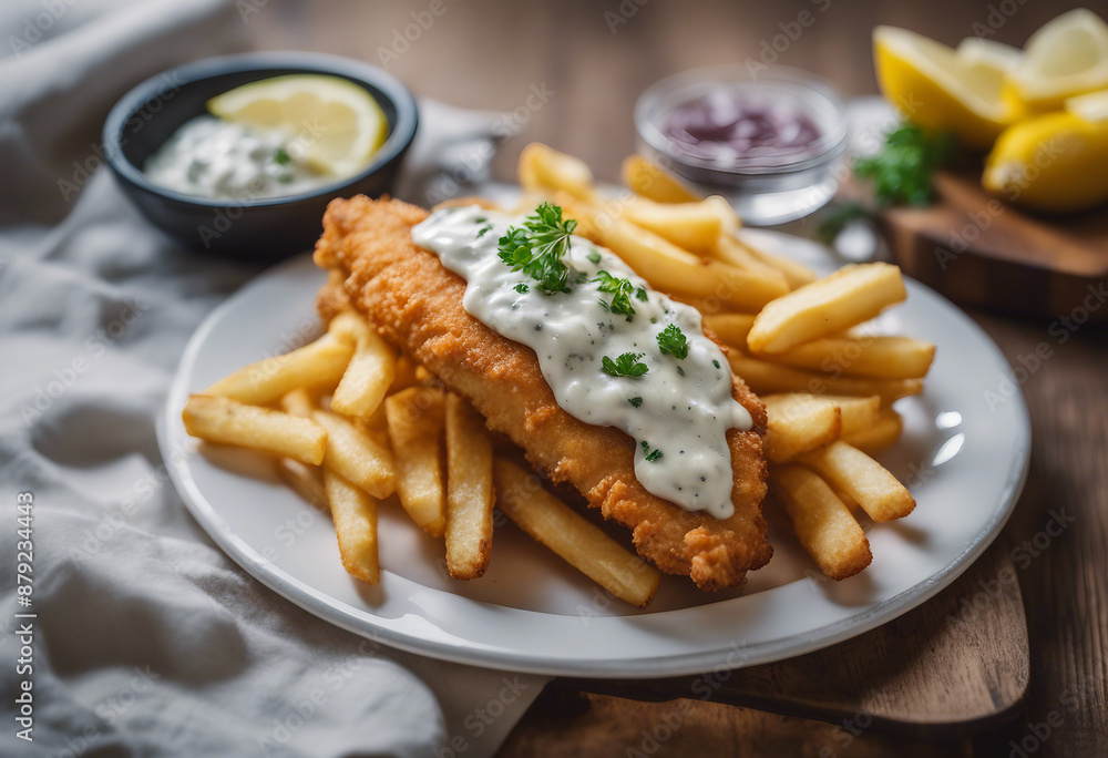 crispy fish and chips with artisan tartar sauce and a slice of lemon crispy fish and chips with artisan tartar sauce and a slice of lemon