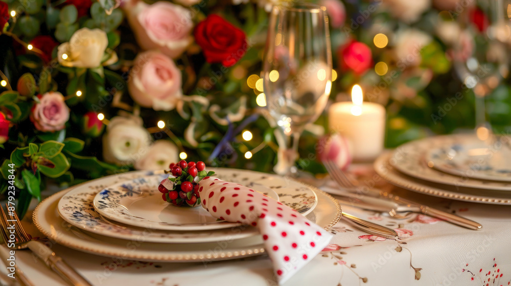 A beautifully set dining table, with a lit candle, a plate with a polka-dotted napkin, and an upside-down wine glass. The table is decorated with elegant floral arrangements. A beautifully set dining table, with a lit candle, a plate with a polka-dotted napkin, and an upside-down wine glass. The table is decorated with elegant floral arrangements.