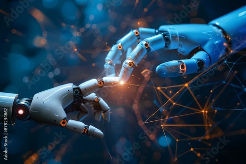 Machine learning, Hands of robot and human touching big data of Global network connection, Internet and digital technology