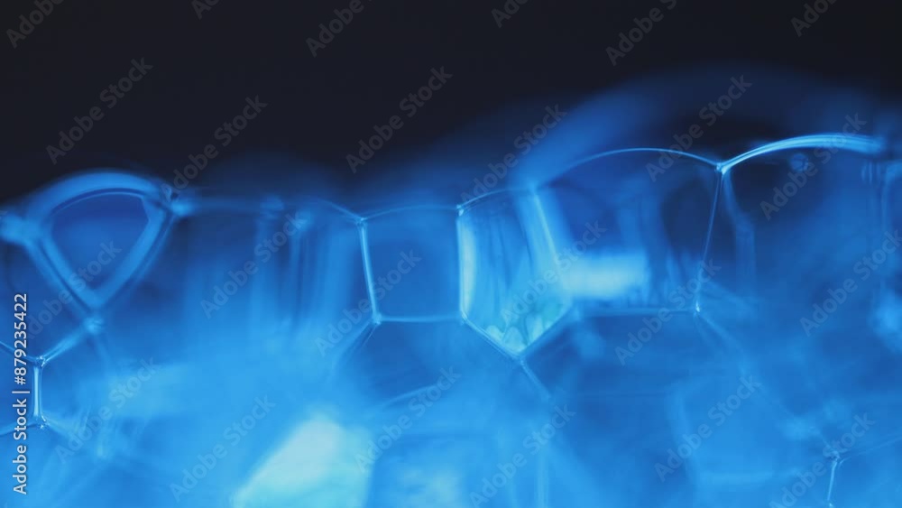 Blue bubbles in macro, connection of bubbles in macro, cell from liquid, molecules connection Blue bubbles in macro, connection of bubbles in macro, cell from liquid, molecules connection