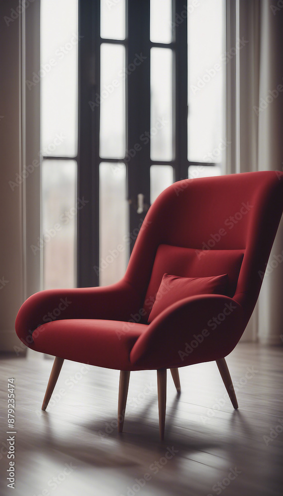 Red armchair against arch wall and window Minimalist scandinavian interior design of modern living r Red armchair against arch wall and window Minimalist scandinavian interior design of modern living r