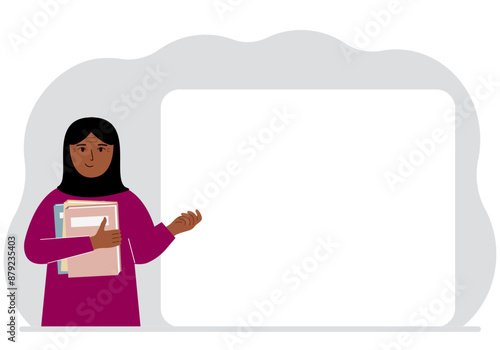 The woman holds many books. Nearby is a large white poster for your text. Vector flat illustration.