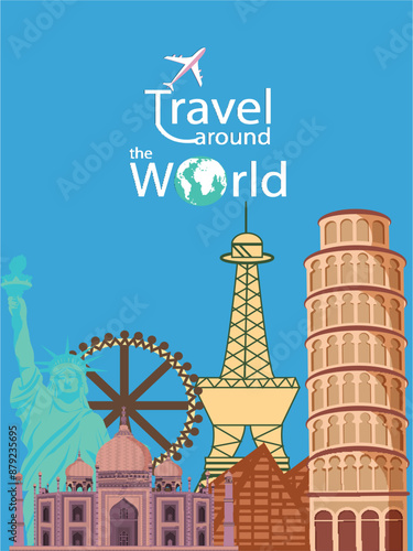 Travel around the world brochure template with famous landmarks and monuments for advertising.