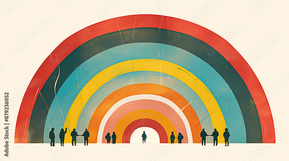 Obraz premium Colourful Rainbow, Minimal Geometric Retro Painting. Modern Art, Spectrum, Concept, Statement. Equality, Diversity, Human Rights. Creativity, Harmony, Self-Expression. Creative Abstract Background