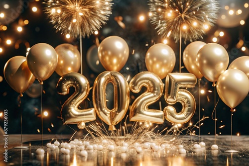 Happy New Year 2025. Helium balloons made of gold foil with the numbers 2025 and confetti on a black background. A festive poster or banner for a party and New Year's Eve.