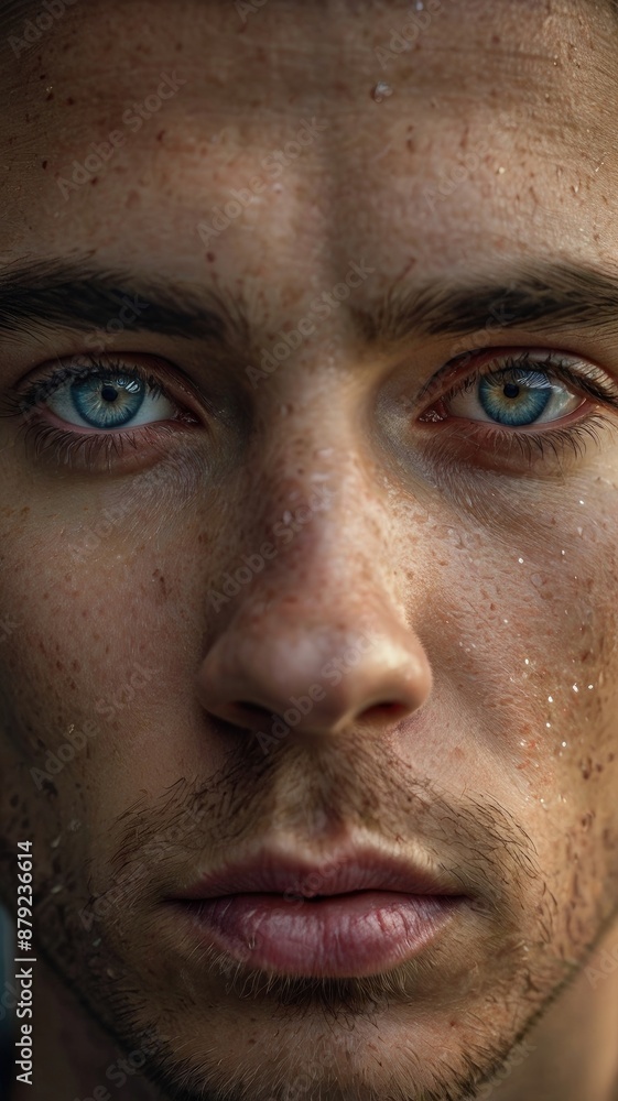 A closeup of a mans face, with freckles and sweat on his forehead A closeup of a mans face, with freckles and sweat on his forehead
