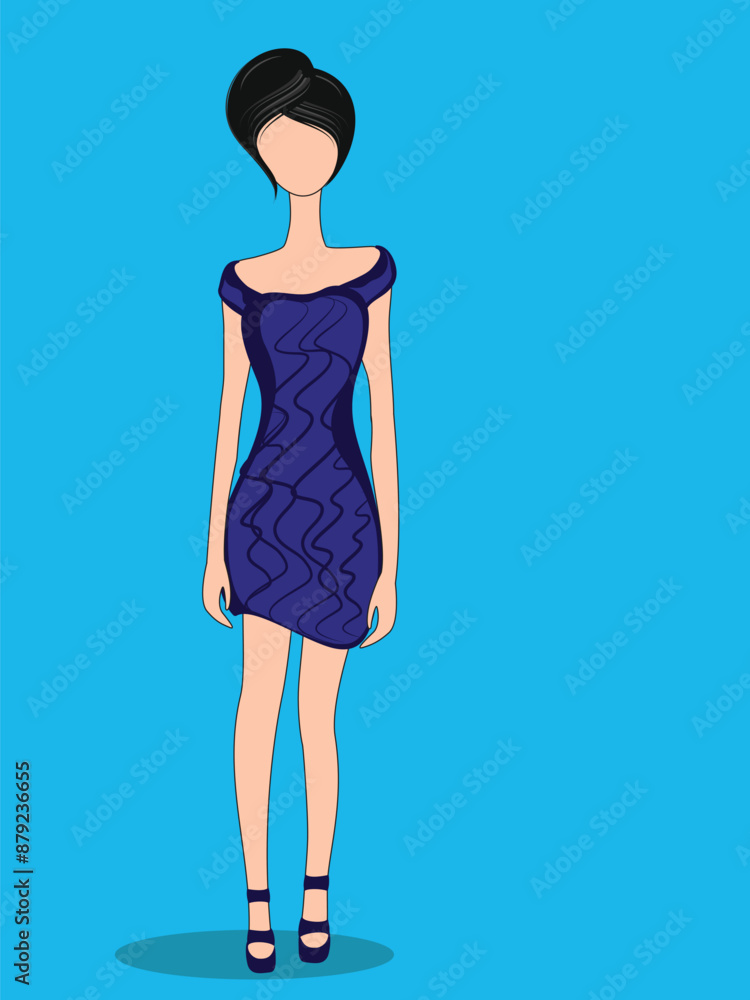 Fototapeta premium Cartoon Illustration of Stylish Faceless Young Girl Wearing Purple Midi Dress for New Fashion Trend.