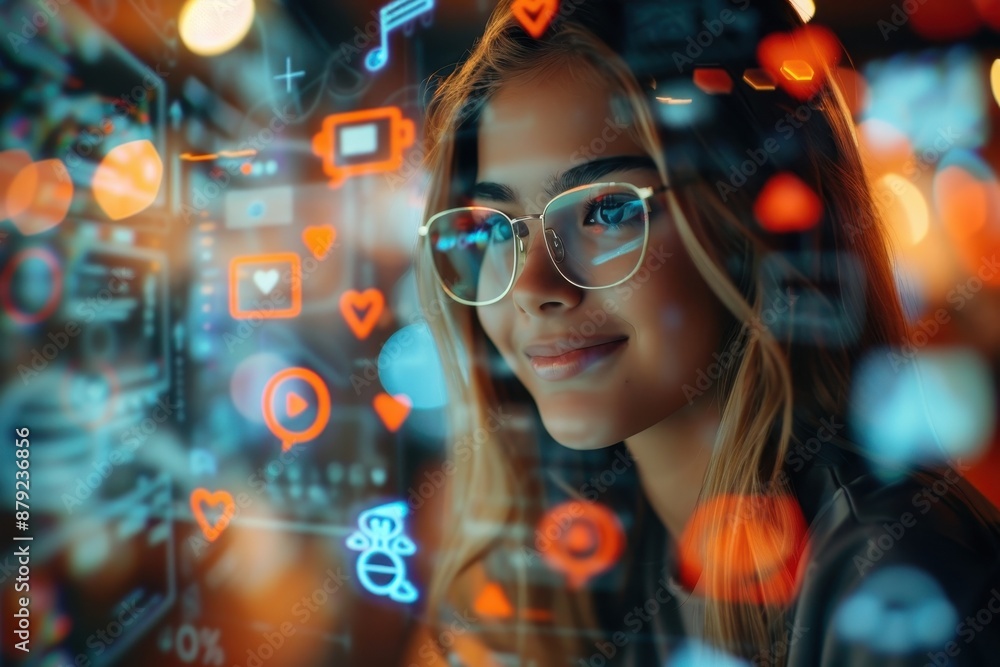 A young woman using a laptop with floating social media icons in a modern office. A young woman using a laptop with floating social media icons in a modern office.