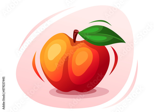 Isolated Peach with leave on white background. Juicy nectarine fruit. Vector illustration.