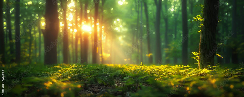 Obraz premium Green Meadow in Sun Rays, Grass Field, Forest Glade, Abstract Nature Background. Plants, Leaves, Fauna, Vegetation. Ecology, Sustainability, Climate Change. Rural Aesthetics, Organic Beauty, Fresh Air