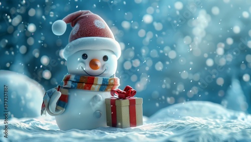 Festive Snowman Holding a Gift in a Winter Wonderland during Snowfall