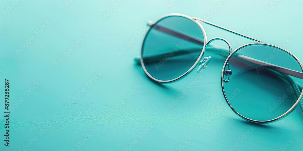 Top view of luxury sunglasses on pastel turquoise surface, fashion minimalism, copy space Top view of luxury sunglasses on pastel turquoise surface, fashion minimalism, copy space