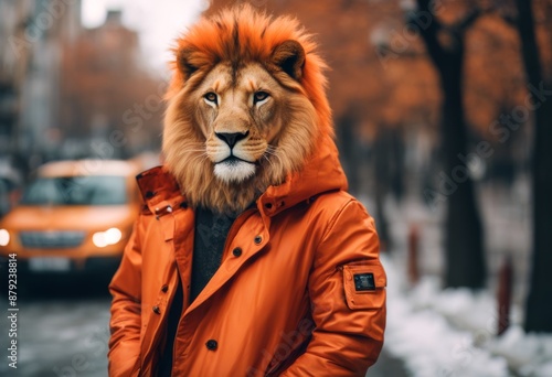 winter trendy jacket color fashion orange fall bright lion casual attire profile style animal design spring autumn monochrome poster pop art character 80s lifestyle photo