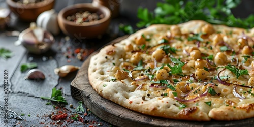 Beige Flatbread Gluten-Free Recipe with Chickpea Flour, Cashew Cheese, and Caramelized Onions. Concept Culinary, Recipes, Gluten-Free, Vegan, Plant-Based photo