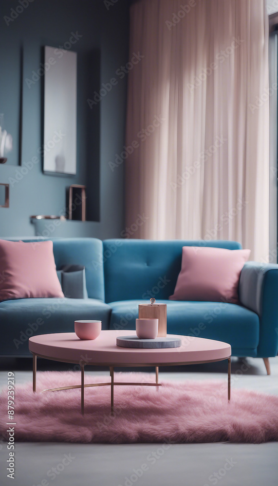 Set of coffee tables near pink and blue pouffes and blue sofa Minimalist interior design of modern l Set of coffee tables near pink and blue pouffes and blue sofa Minimalist interior design of modern l