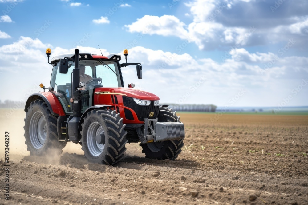 Modern Tractor Plowing Field on Sunny Day Modern Tractor Plowing Field on Sunny Day