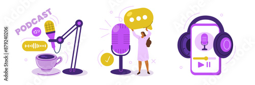 Podcast set. Influencer character standing near microphone and recording radio podcast. Vector illustration.