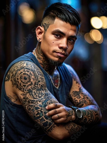 A close up of a man with tattoos looking at the camera