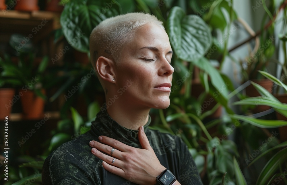 Woman with short blonde hair and shaved head, eyes closed in serene breathing pose Woman with short blonde hair and shaved head, eyes closed in serene breathing pose
