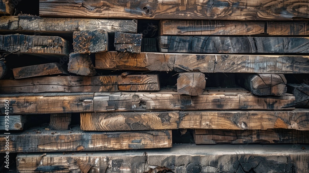 A stack of aged wood planks and logs A stack of aged wood planks and logs