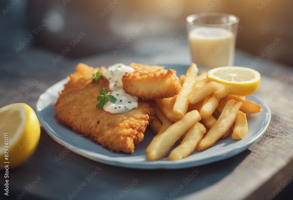 crispy fish and chips with artisan tartar sauce and a slice of lemon crispy fish and chips with artisan tartar sauce and a slice of lemon