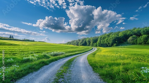 green grass outdoor field landscape with roadway