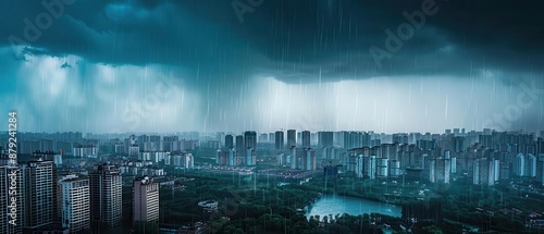 A dramatic cityscape under dark stormy clouds, showcasing tall buildings and a river with a vibrant blue hue during heavy rainfall.