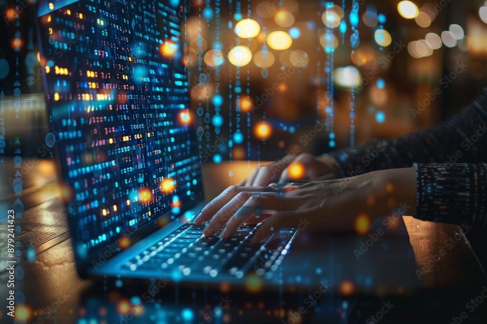 A man working on a laptop with holographic data projections, illustrating the concept of digital workspace and tech innovation.