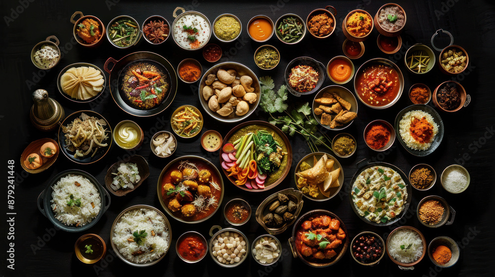 An array of Indian dishes, vibrant and flavorful, is spread across a black backdrop. This captivating image showcases the rich culinary heritage of India. An array of Indian dishes, vibrant and flavorful, is spread across a black backdrop. This captivating image showcases the rich culinary heritage of India.