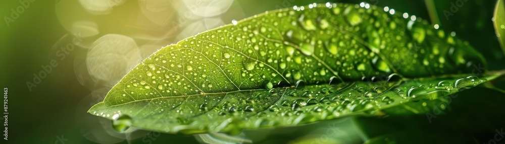Close-up of a green leaf with fresh raindrops, showcasing nature's beauty and freshness in a lush green environment. Close-up of a green leaf with fresh raindrops, showcasing nature's beauty and freshness in a lush green environment.