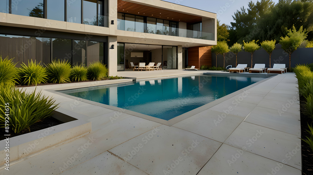 Fototapeta premium Modern Luxury Home with Swimming Pool and Lounge Chairs