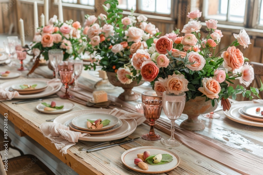 Beautifully decorated table with an abundance of pink and peach flowers, creating a warm and inviting setting for a special occasion. Beautifully decorated table with an abundance of pink and peach flowers, creating a warm and inviting setting for a special occasion.