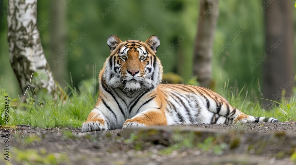 A tiger lies on a sandy patch, with its stripes clearly visible, looking directly at the camera. Its surroundings are blurry green foliage and a fence A tiger lies on a sandy patch, with its stripes clearly visible, looking directly at the camera. Its surroundings are blurry green foliage and a fence