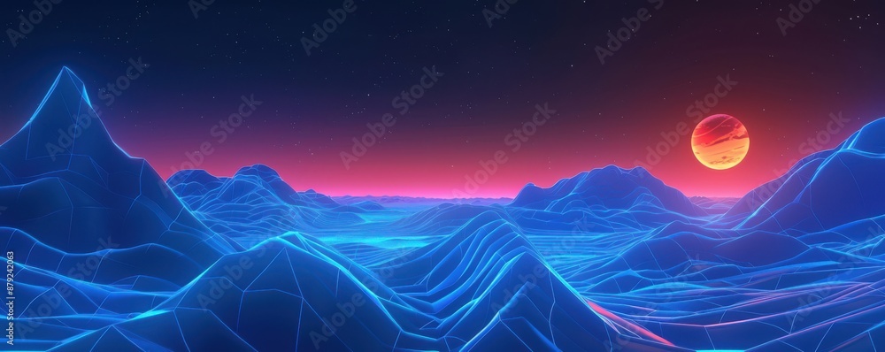 Obraz premium Neon glowing blue mountain range landscape under red sun. Concept of futuristic, synthwave, vaporwave, and cyberpunk aesthetic.