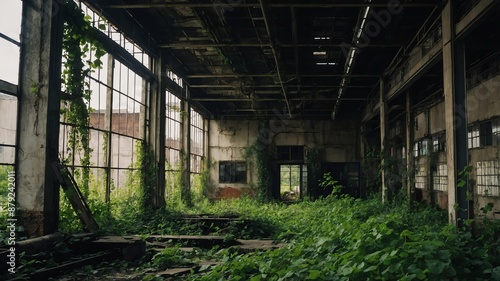 industrial building with overgrown vines and crumbling walls © sevenSkies