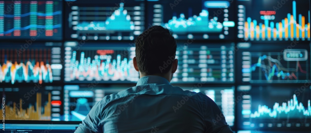 A financial analyst intensely monitors multiple screens displaying dynamic market data and graphs in a dark control room A financial analyst intensely monitors multiple screens displaying dynamic market data and graphs in a dark control room