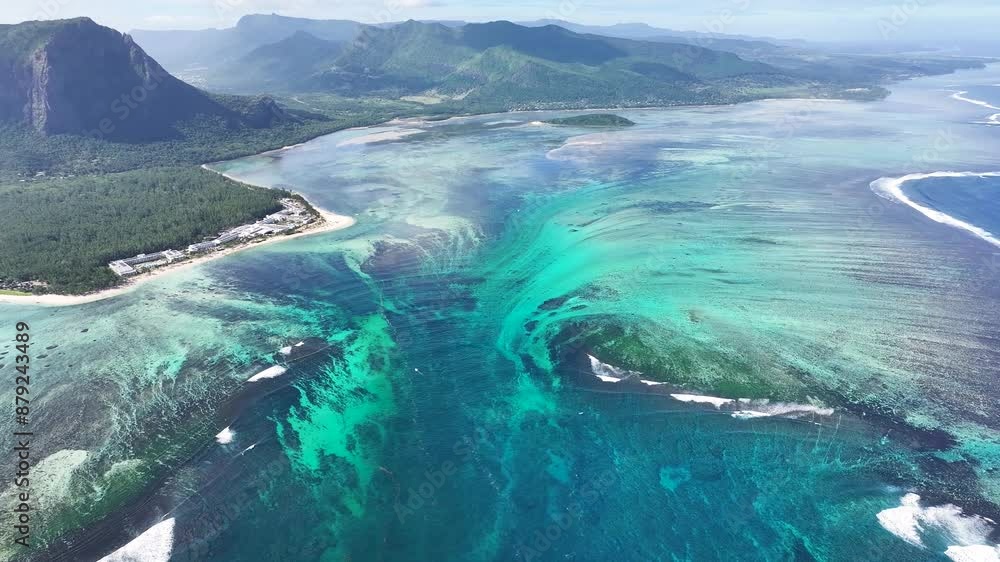 Underwater Waterfall At Le Morne Beach In Mauritius Island Mauritius. Indian Ocean Beach. Africa Background. Le Morne Beach At Mauritius Island Mauritius. Tourism Landscape. Nature Seascape.