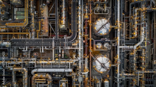 A close up of a large industrial plant with many pipes and tanks