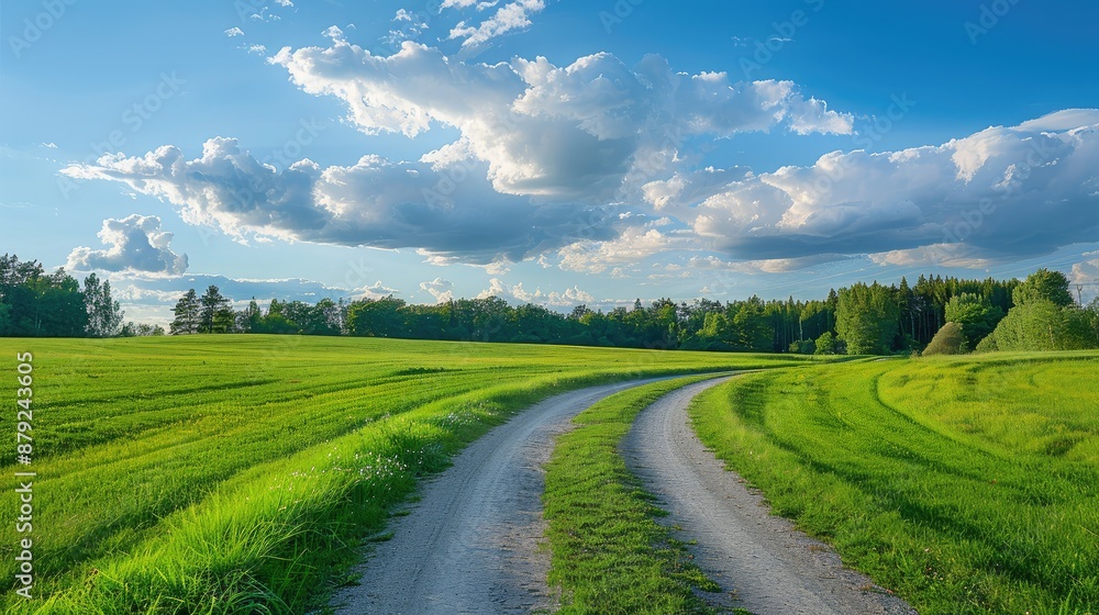 green grass outdoor field landscape with roadway