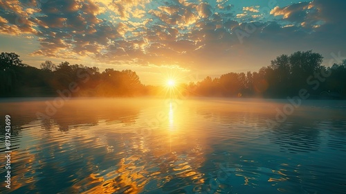 Glowing sunburst over tranquil lake