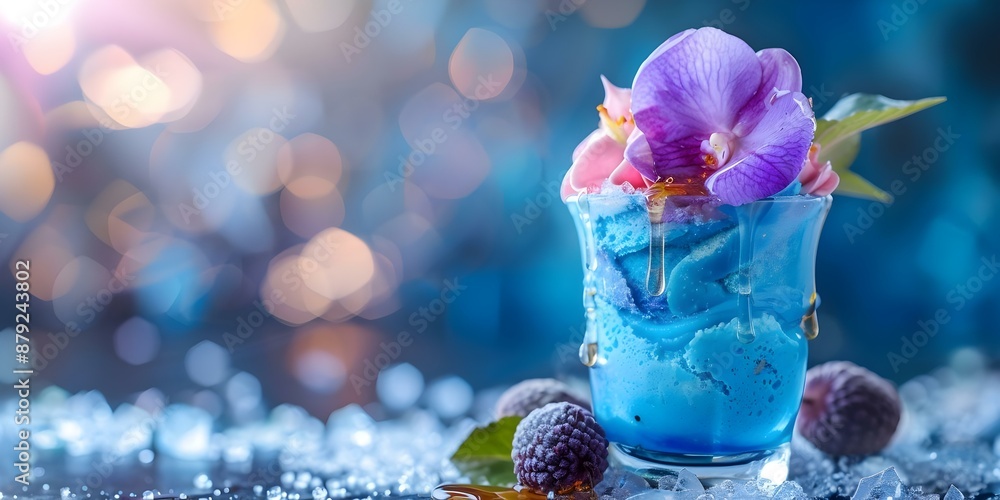 Watercolor painting of a blue butterfly pea flower sundae with lychee honey drizzle in a temple background. Concept Nature, Food, Art, Flowers, Travel, Watercolor painting of a blue butterfly pea flower sundae with lychee honey drizzle in a temple background. Concept Nature, Food, Art, Flowers, Travel,