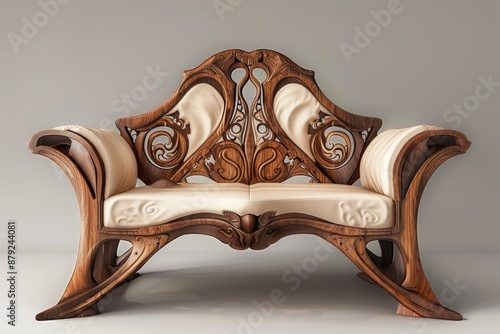 Stylized Furniture Art Nouveau-inspired furniture, curved chair table ornate carvings and embellishments.