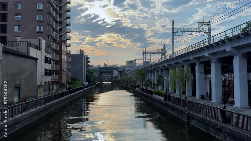 Scenic canal at sunrise between modern buildings and train tracks Scenic canal at sunrise between modern buildings and train tracks
