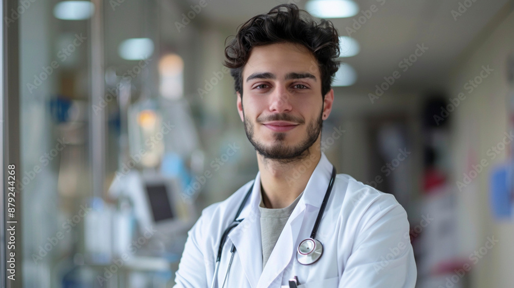 Confident Doctor in Hospital Corridor with Stethoscope Confident Doctor in Hospital Corridor with Stethoscope