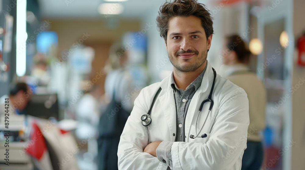 Confident Doctor in Hospital Corridor with Stethoscope Confident Doctor in Hospital Corridor with Stethoscope