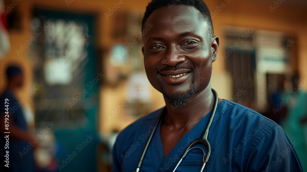 Confident Doctor in Hospital Corridor with Stethoscope Confident Doctor in Hospital Corridor with Stethoscope
