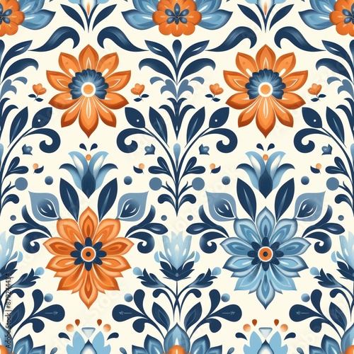 Vintage Floral Pattern in Blue and Orange