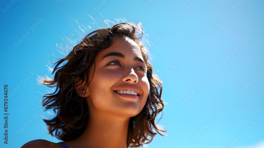 Beautiful young woman smiling blue sky, happy joy summer day Beautiful young woman smiling blue sky, happy joy summer day