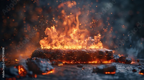 Stone podium engulfed in flames, sparks on dark background